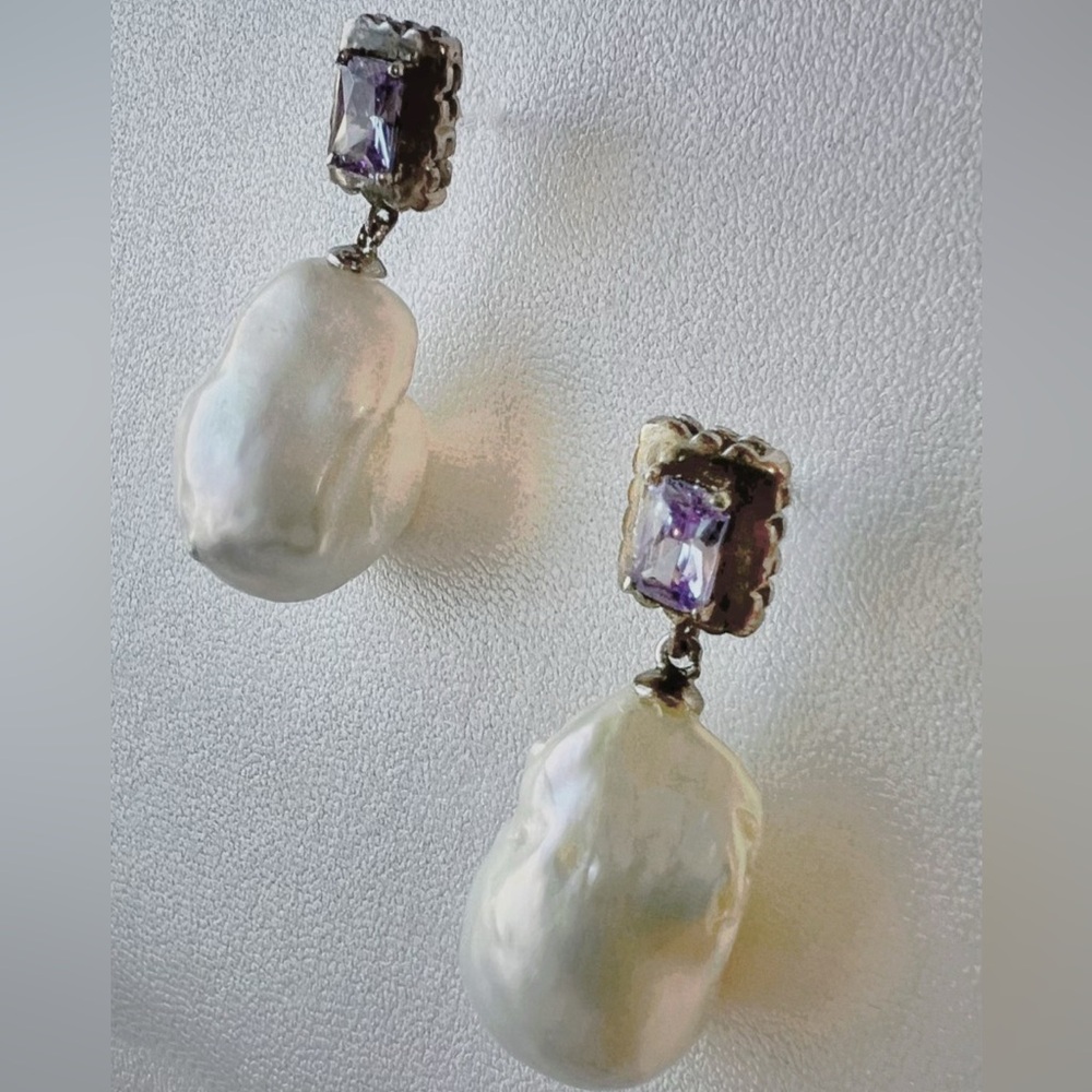 Cultured Fresh Water Baroque Pearl Drop Earrings with Crystal Purple Amethyst .